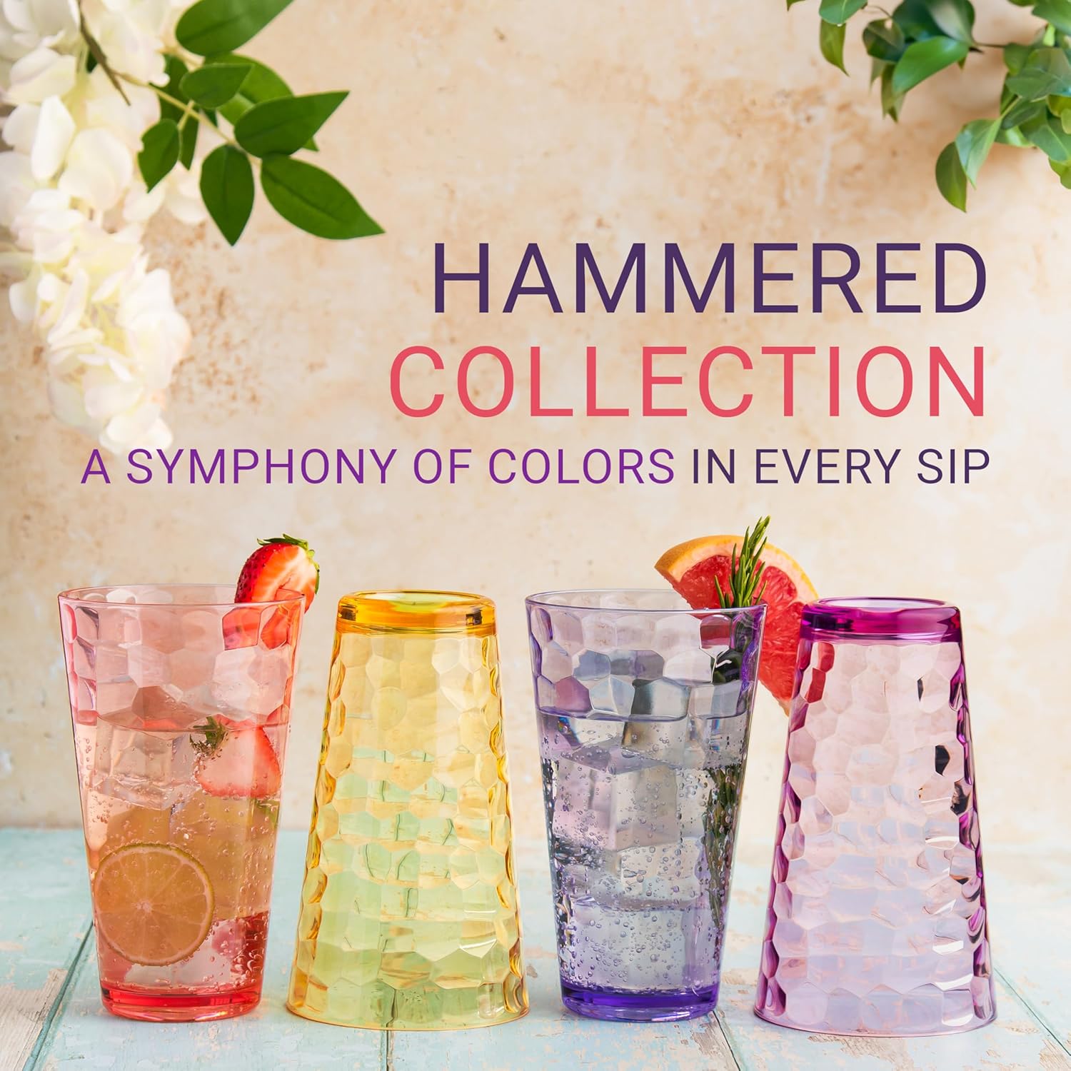 12-Piece Hammered Plastic Tumbler Set for Coffee Tea and Cocktails