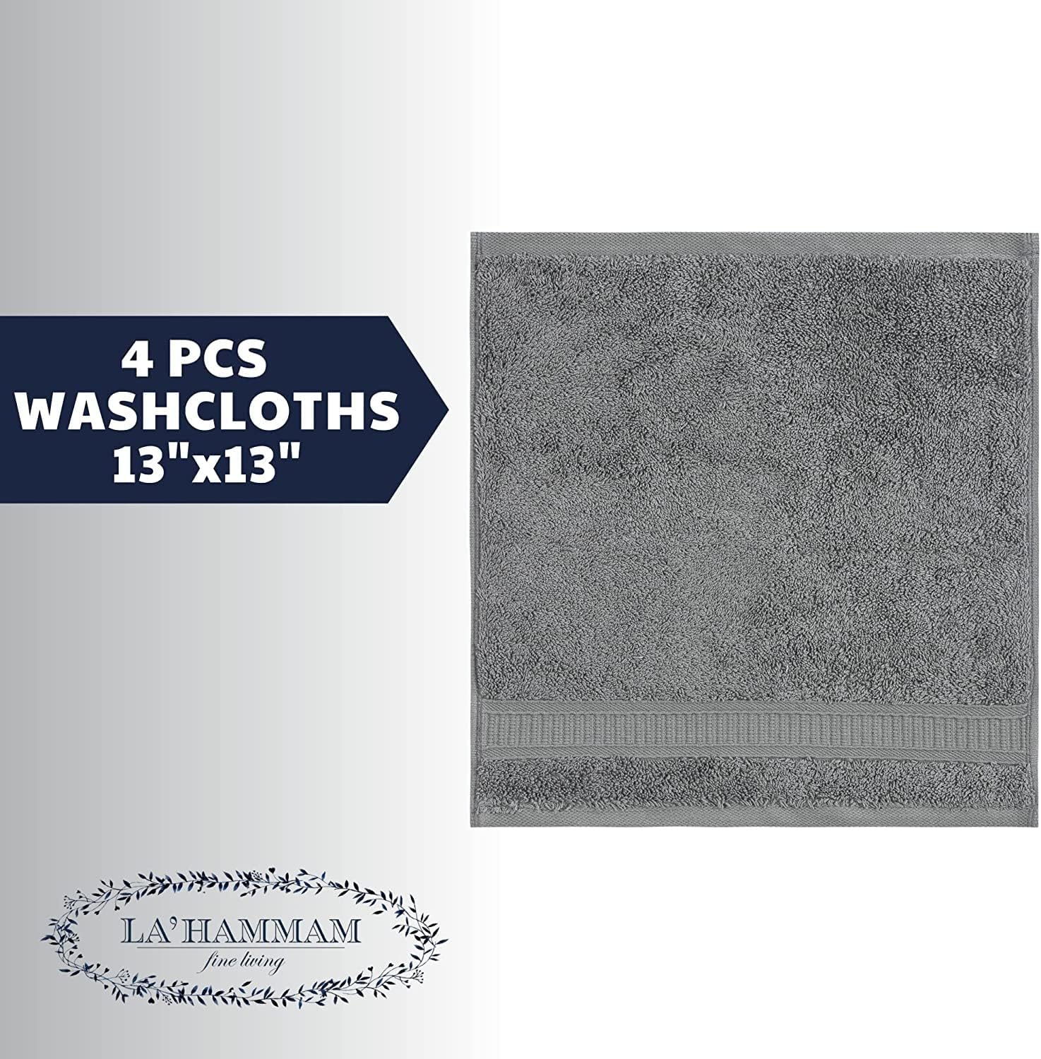 4 Piece 13x13 Inch Soft Turkish Cotton Washcloths Set - Gray