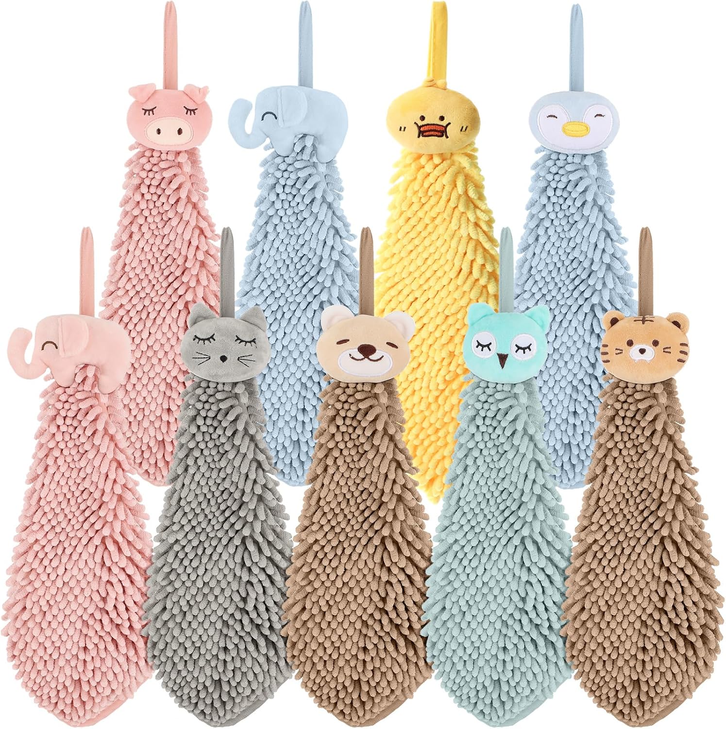 Chumia 9 Pack Cute Chenille Soft Cartoon Animal Hand Towels with Hanging Loopler