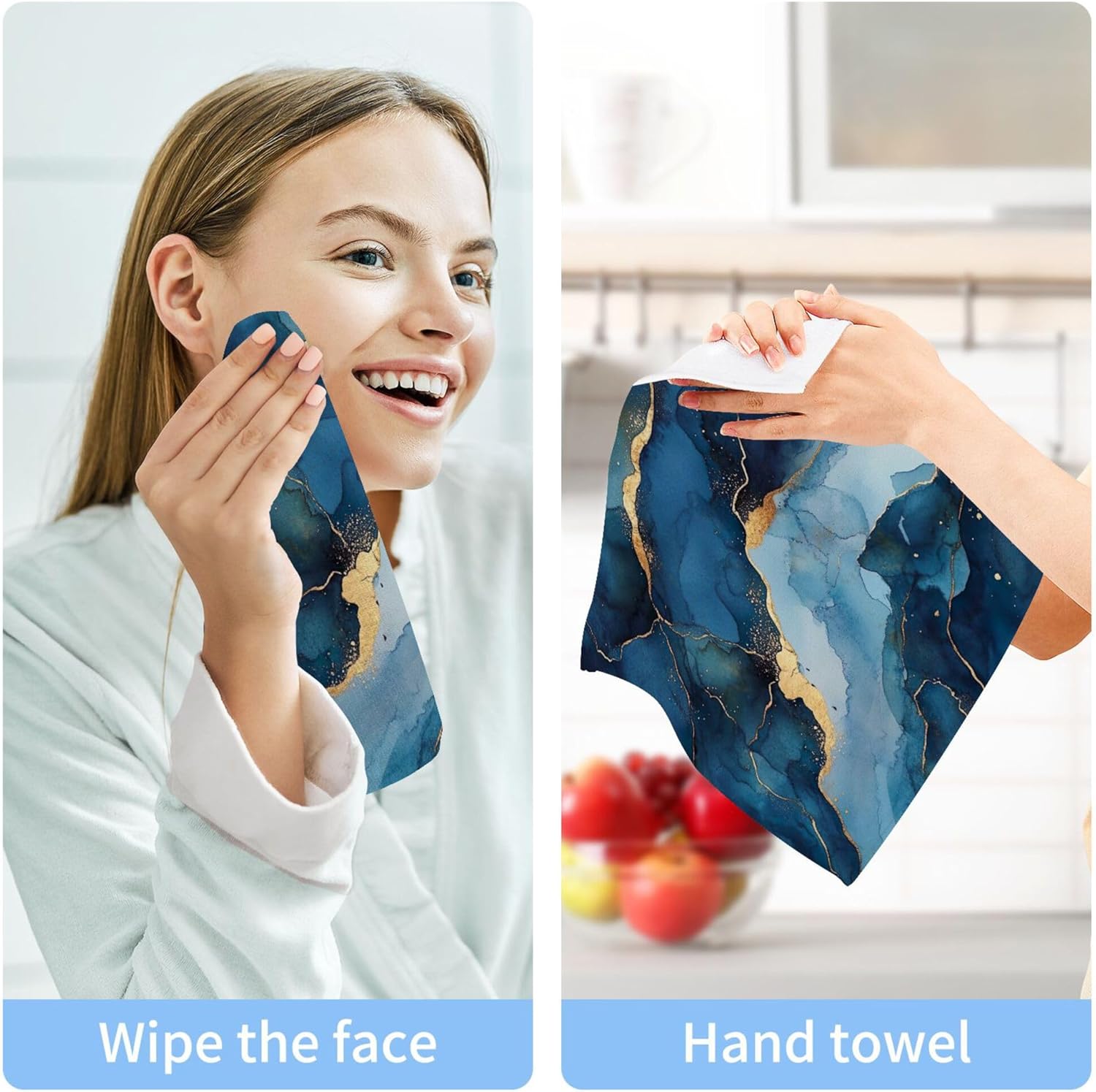 Xigua Blue and Gold Marble Washcloths Set of 2