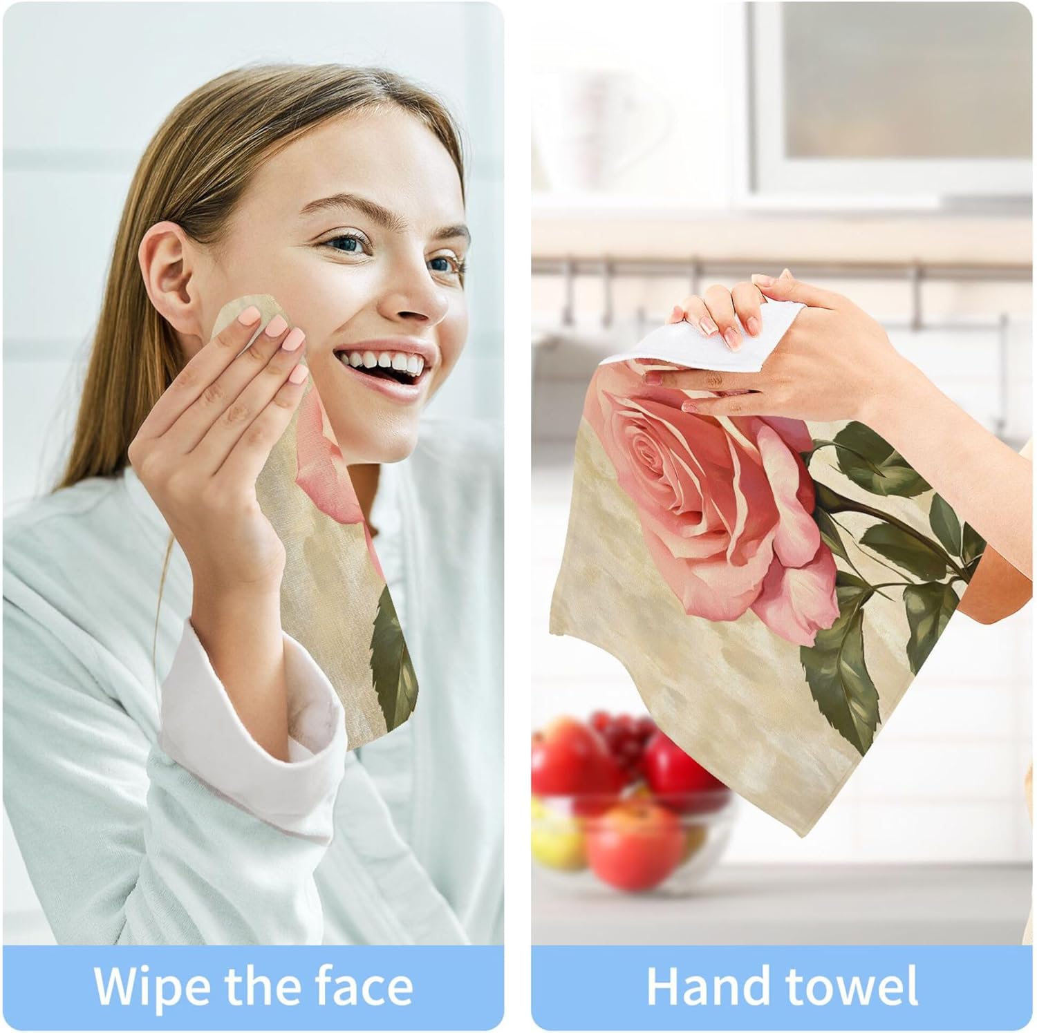 Xigua Rose Washcloth Set with Green Leaves 12x12-inch 2-12 Piece Set