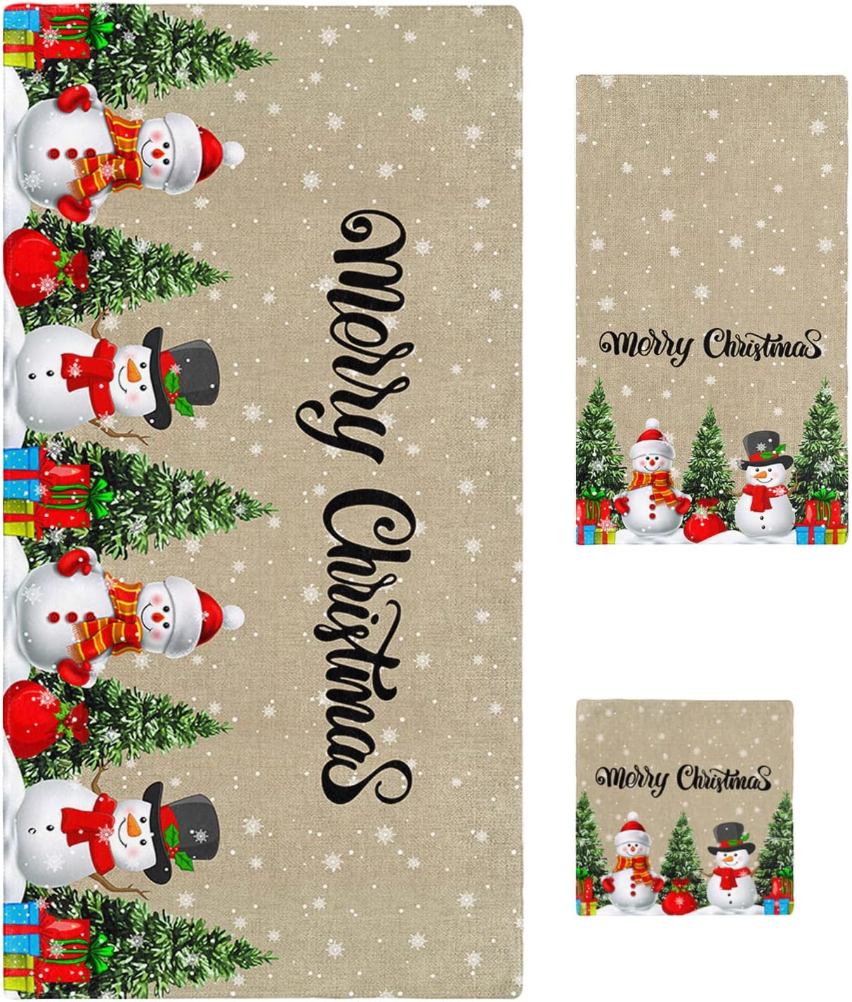 Bath Towels Set of 3 Christmas Cute Snowman Tree Design