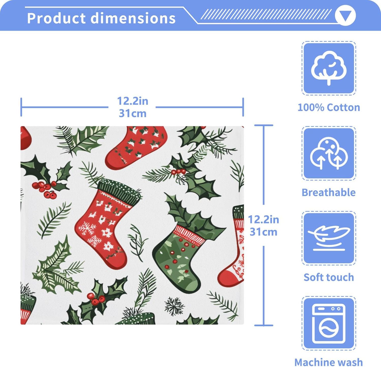 Xigua Christmas Socks Washcloths Set of 2 - 12x12 Inch