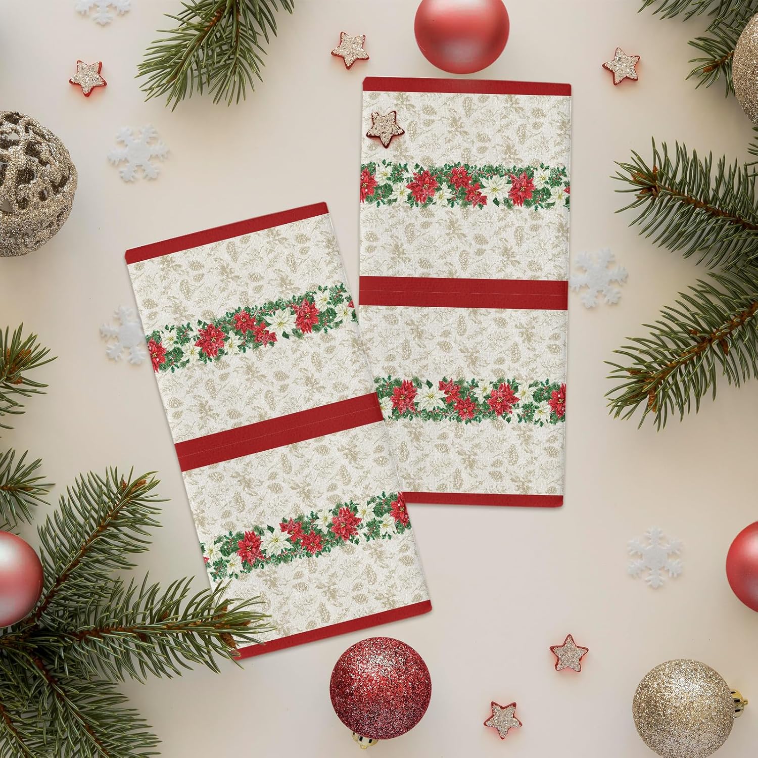 YOUNGKIDS Kitchen Towels Pack of 4 Poinsettia Design