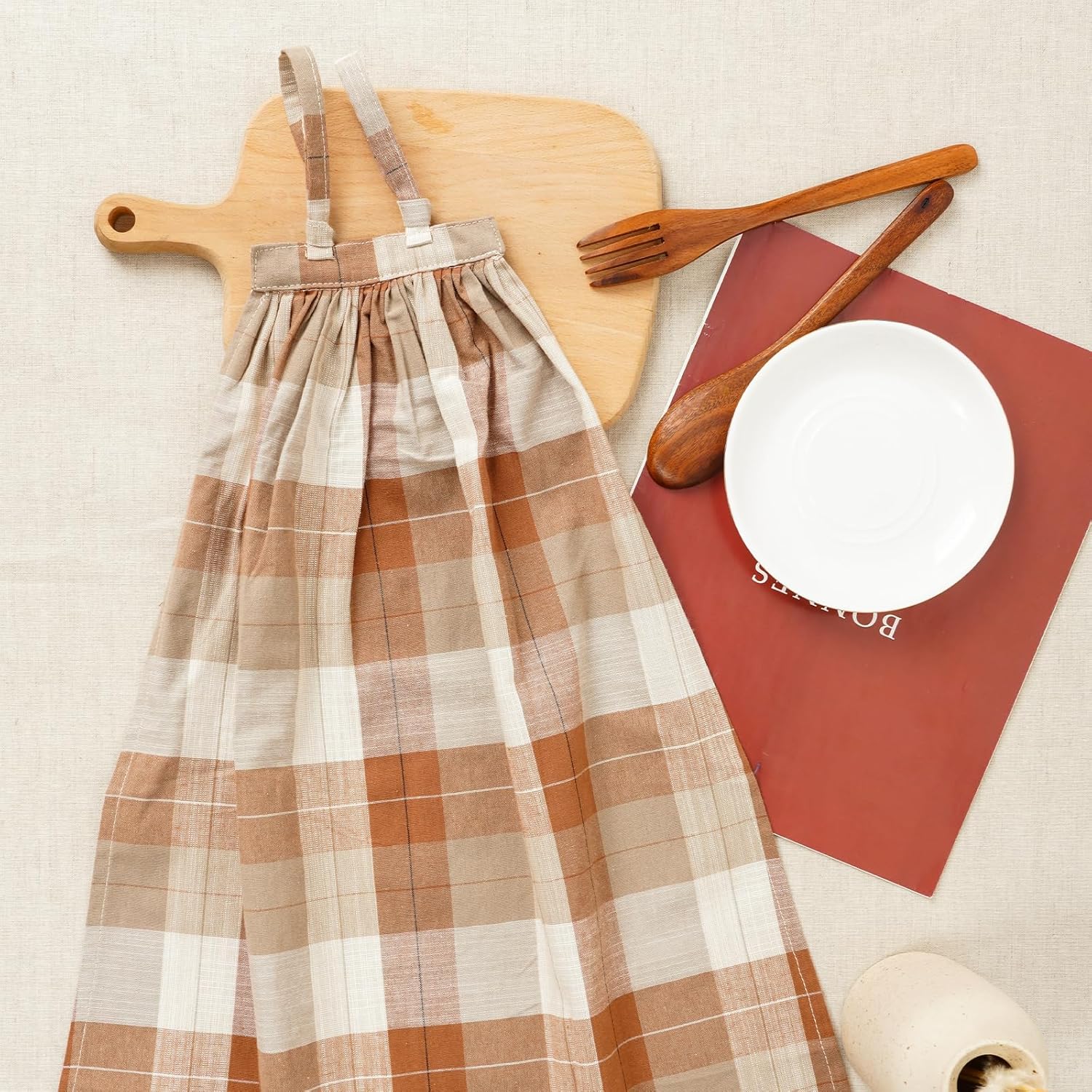 Adjustable String Design Hanging Hand Towels Set of 2 Apricot Plaid