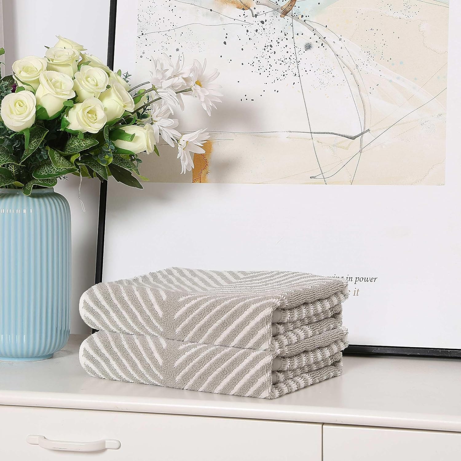 Violet Linen Silver Chevron Pattern Hand Towel Set of Two