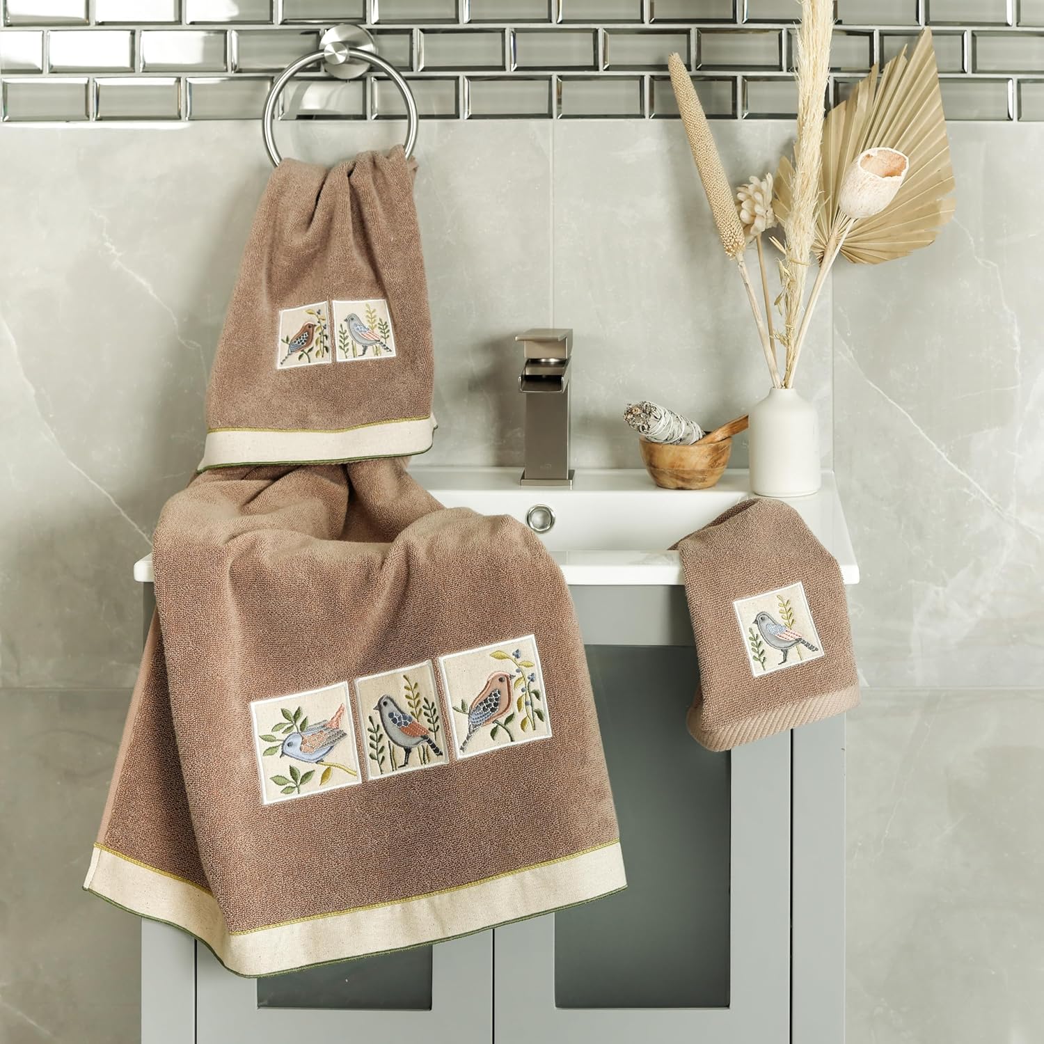 KESSLER-Turkish Cotton 2-Piece Fingertip Towel Set with Bird Motif
