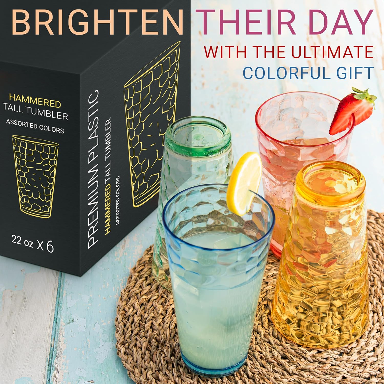 12-Piece Hammered Plastic Tumbler Set for Coffee Tea and Cocktails