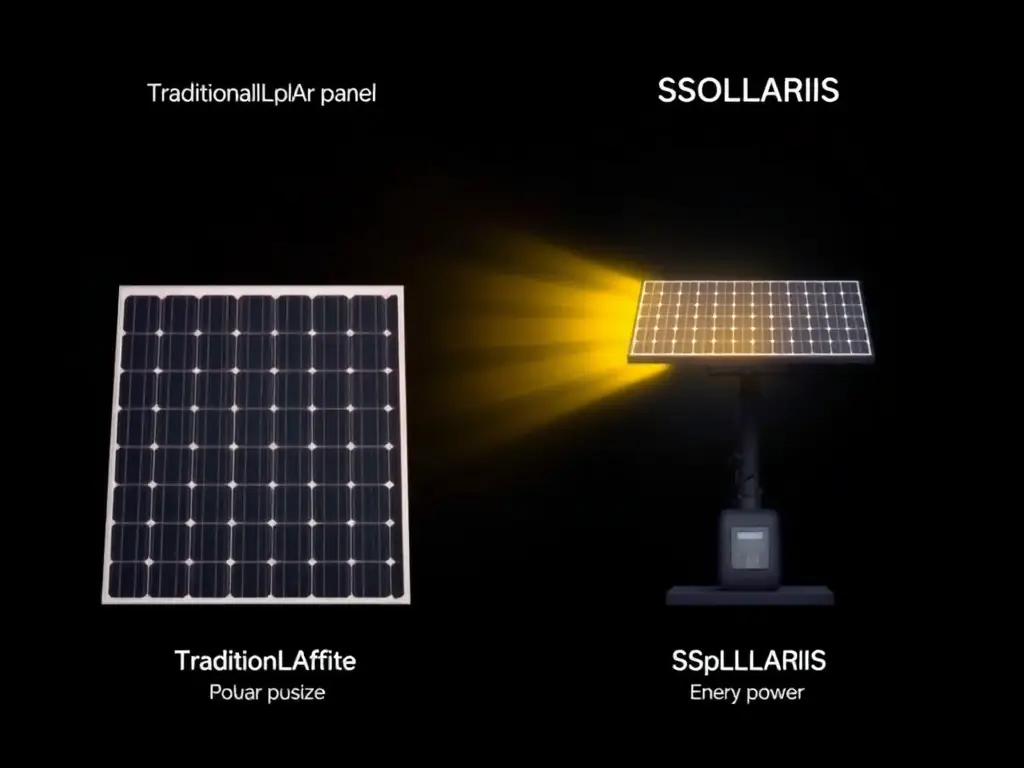 A side-by-side comparison of a traditional solar panel and a SSOLARIS concentrated solar power system, highlighting the difference in size and energy output. The SSOLARIS system is shown generating significantly more power.