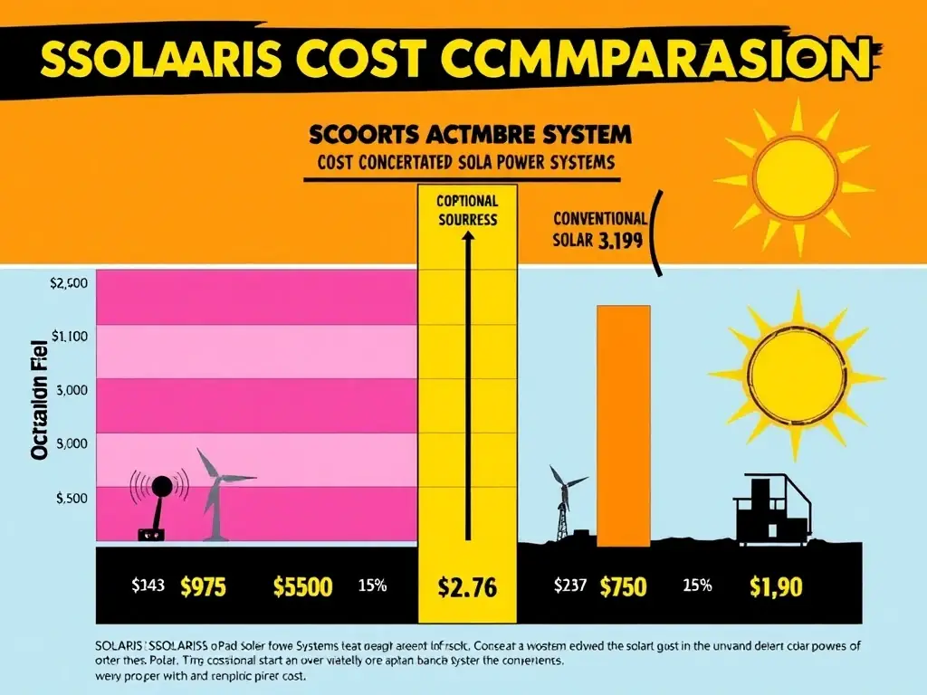 A cost comparison chart illustrating the reduced operational costs of SSOLARIS's concentrated solar power systems compared to conventional solar and fossil fuel energy sources.