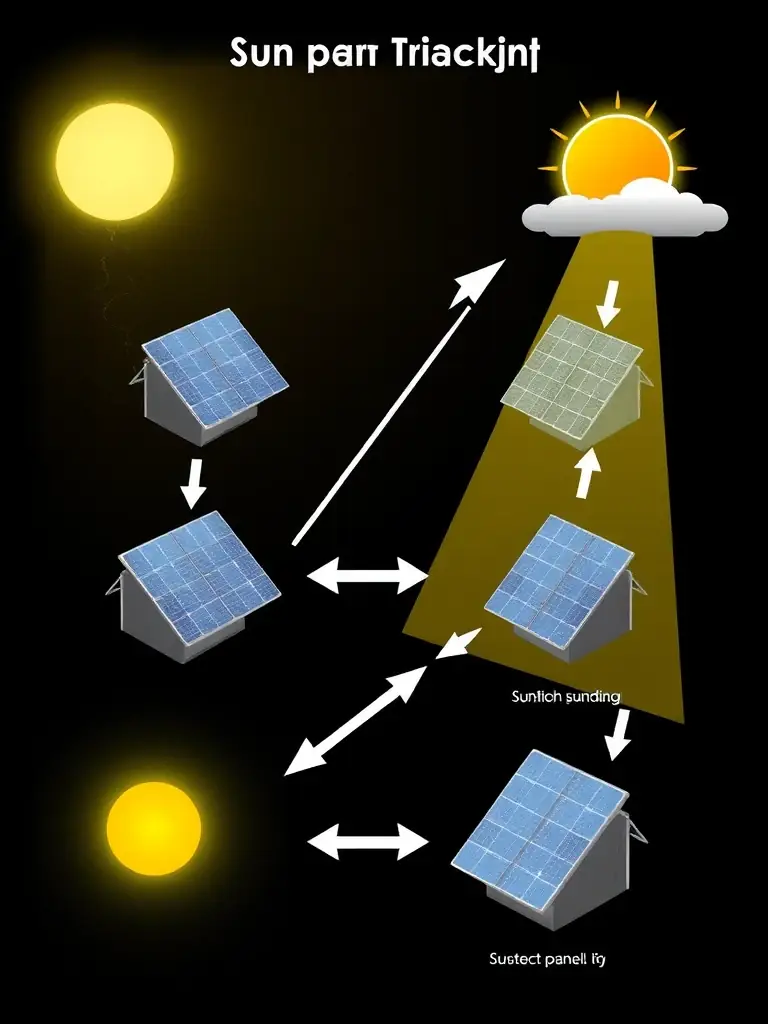 A diagram illustrating the AI sun-tracking algorithm in action, showing how it dynamically adjusts the solar panels' orientation to capture the most sunlight throughout the day.