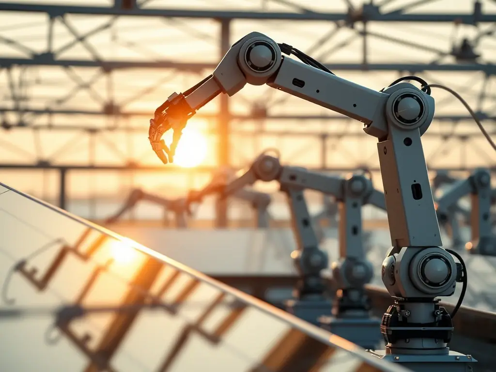 A close-up shot of the AI sun-tracking system in action, with robotic arms adjusting the reflective panels to precisely follow the sun's path. The focus is on the precision and sophistication of the technology.