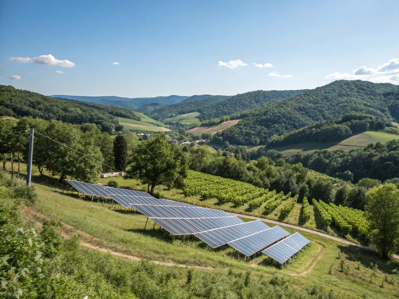 An aerial view of a lush, green landscape powered by SSOLARIS's concentrated solar power plant, emphasizing the minimal environmental impact and sustainable energy production.