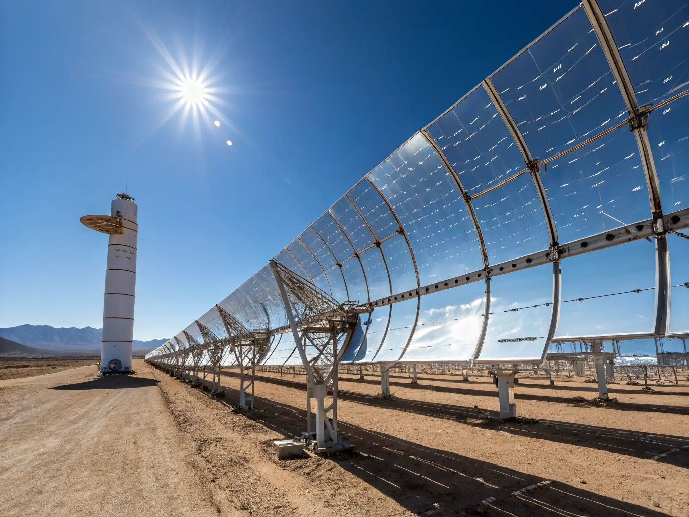 A high-angle shot of a concentrated solar power plant with SSOLARIS's aerospace-grade reflective materials, focusing on the enhanced sunlight capture and conversion process.